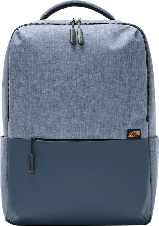 Xiaomi Commuter Backpack, light blue, front view, with the eight sticker spots marked